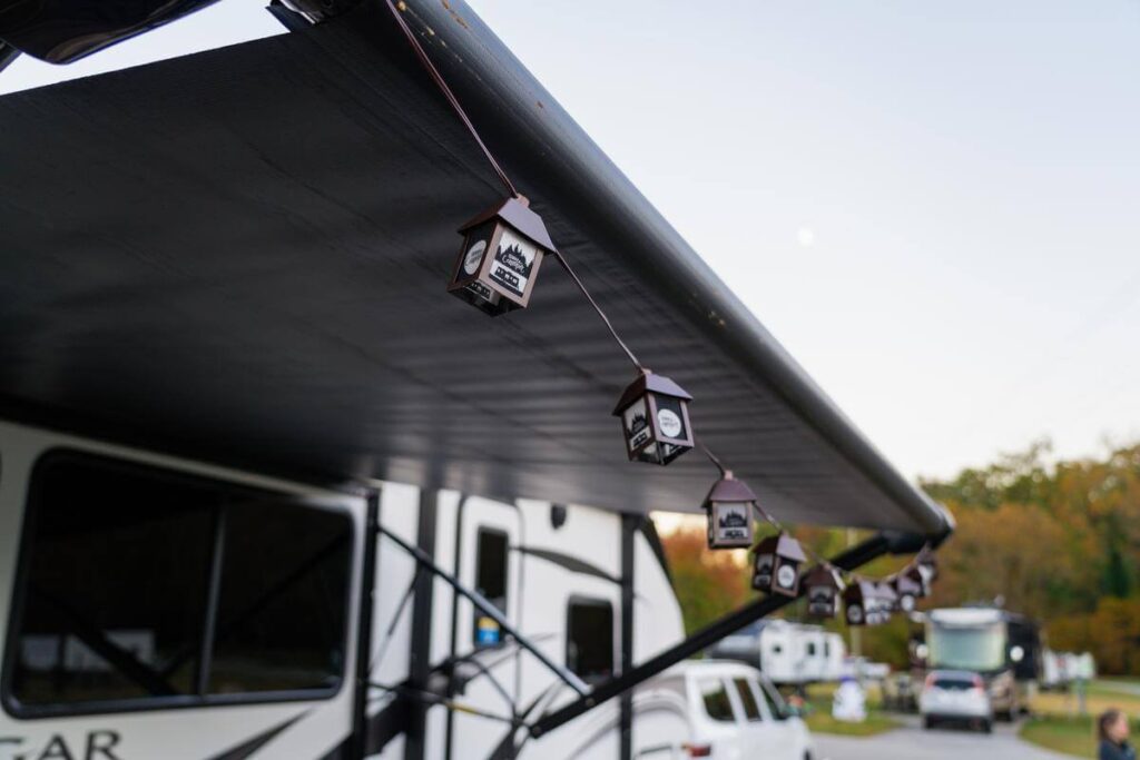Mini lantern lights an example of RV patio ideas