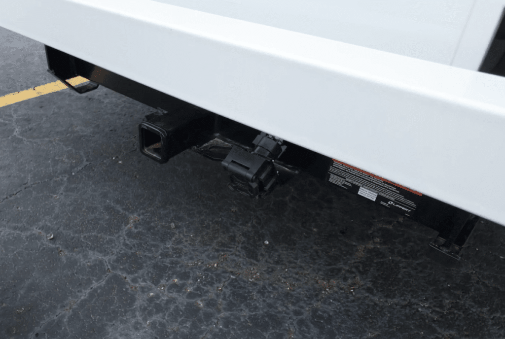 Hitch receiver on the back of a motorhome