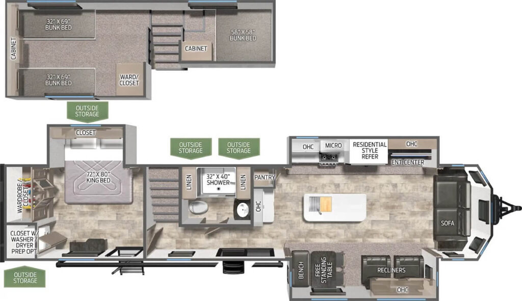 Floor plan overview of the PUMA 402LFT destination trailer