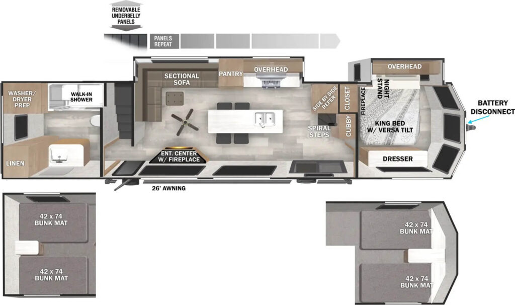 Forest River destination trailer floor plan overview.