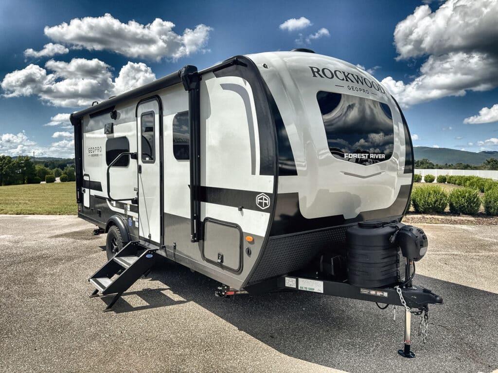 Picture of the front of a Forest River Rockwood Geo Pro travel trailer.