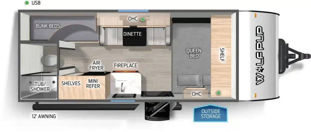 Overhead floorplan of a Wolf Pup 16EV by Forest River