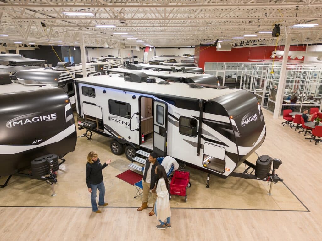 Grand Design RV Travel Trailers in a showroom