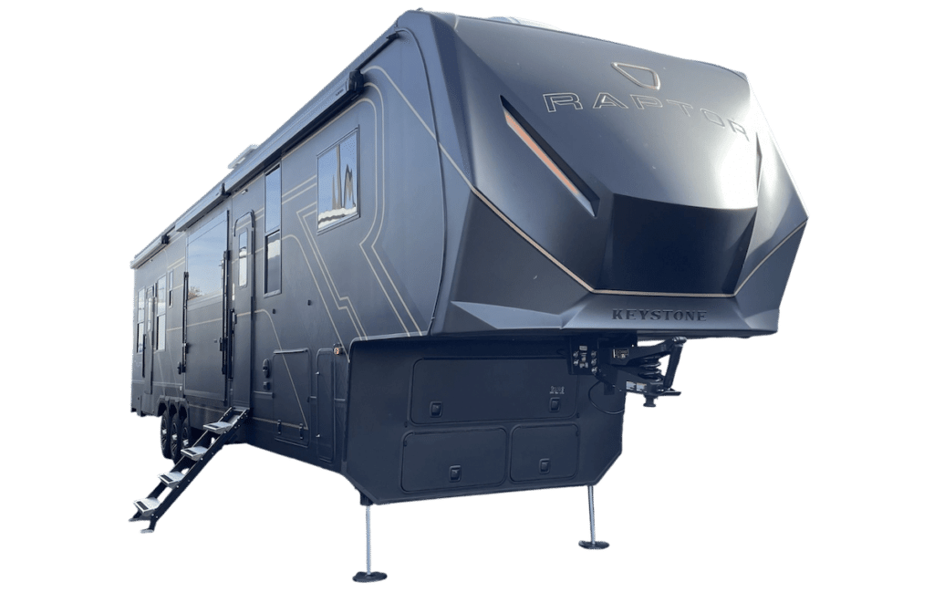 2026 keystone Raptor 444 toy hauler with side patio exterior