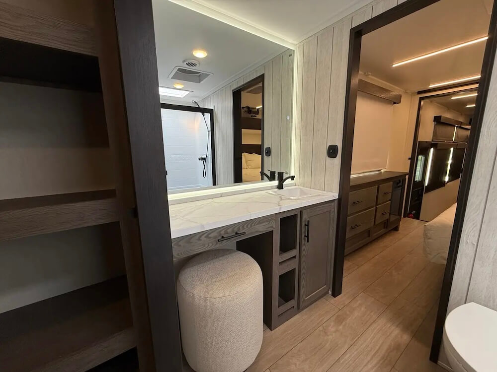 rv interior shot, bathroom sink and counter
