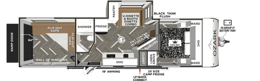 Ozark floor plan overview with white backdrop