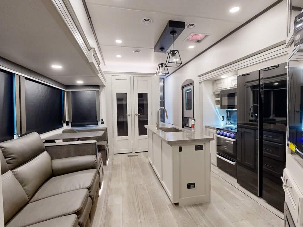 Keystone fifth wheel interior kitchen and living space

