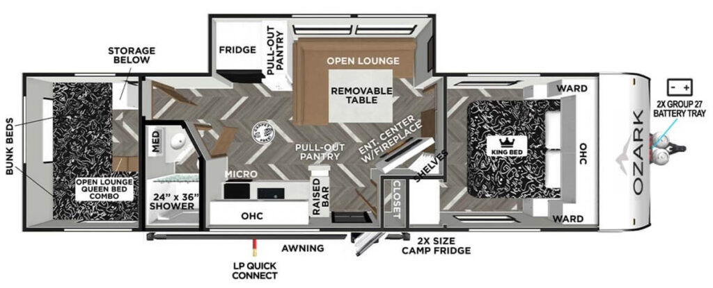 FOREST_RIVER_OZARK_2890BHK travel trailer with 2 queen beds Floor Plan