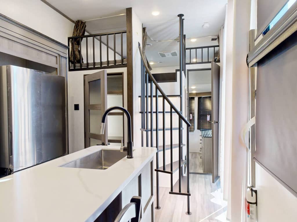 destination trailer interior with spiral staircase