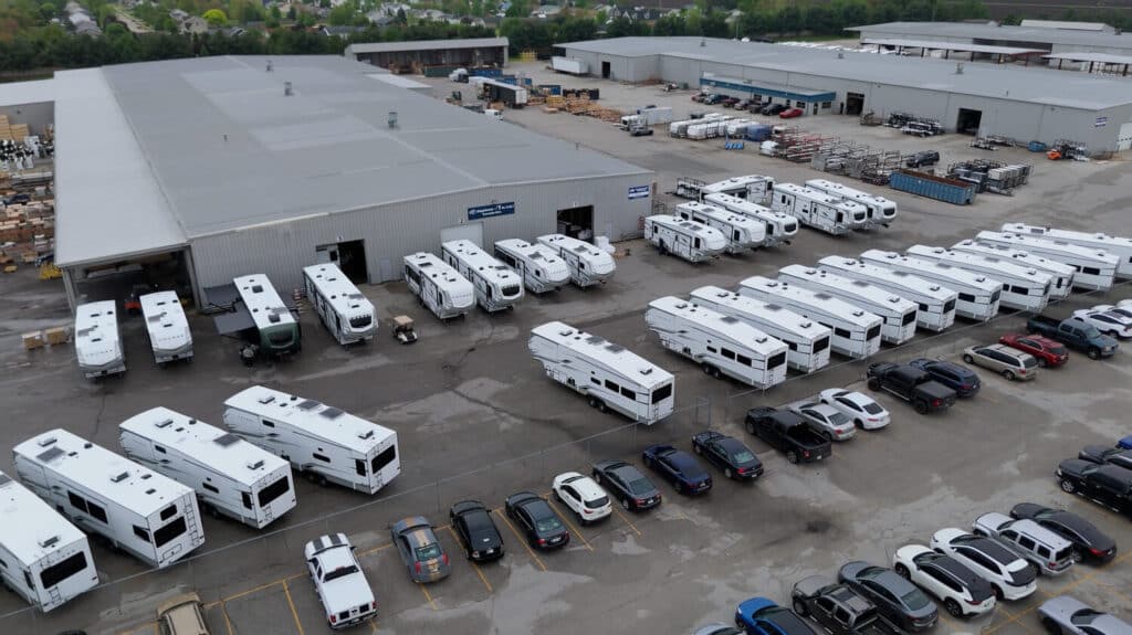 Drone shot of a Keystone Cougar manufacturing plant
