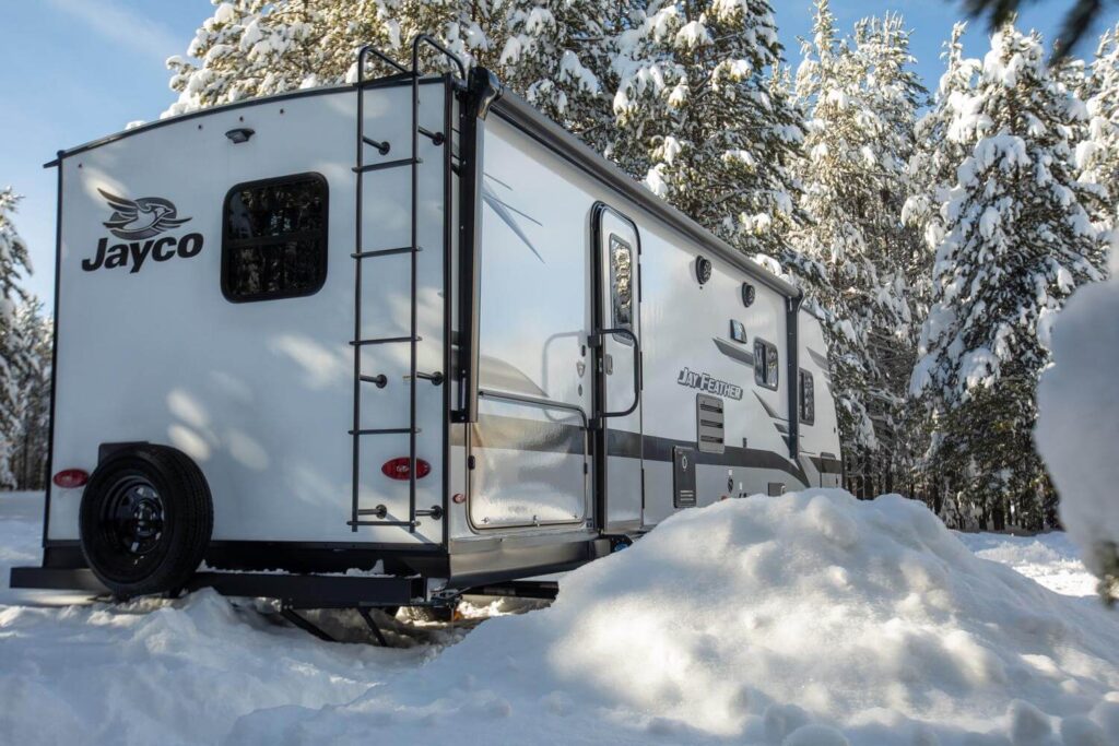 Jayco Jay Feather RV in the winter and snow