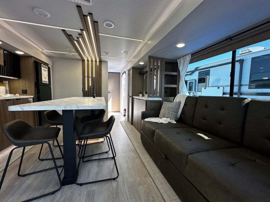 zen couch and island in kitchen