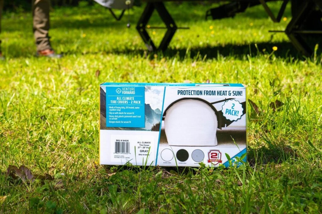 RV tire cover in box, made by Venture Forward
