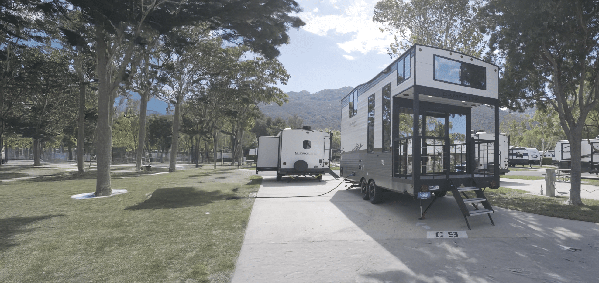 destination trailer with loft in rv campsite