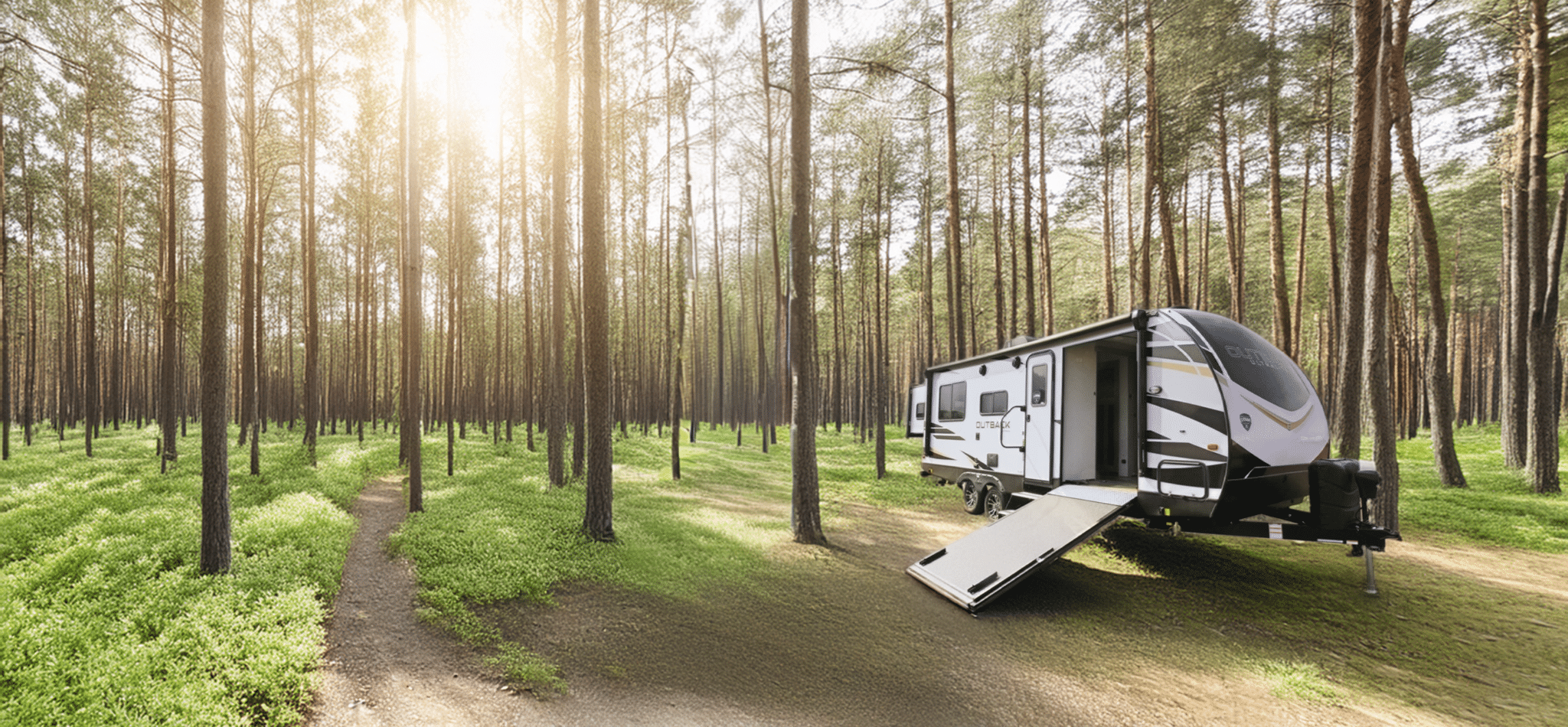 featured side ramp toy hauler in a forested setting
