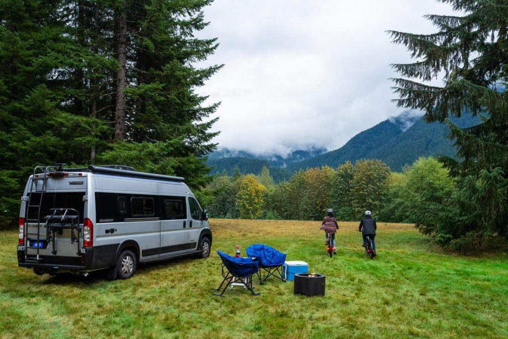 Travato camper van in green field with pine trees