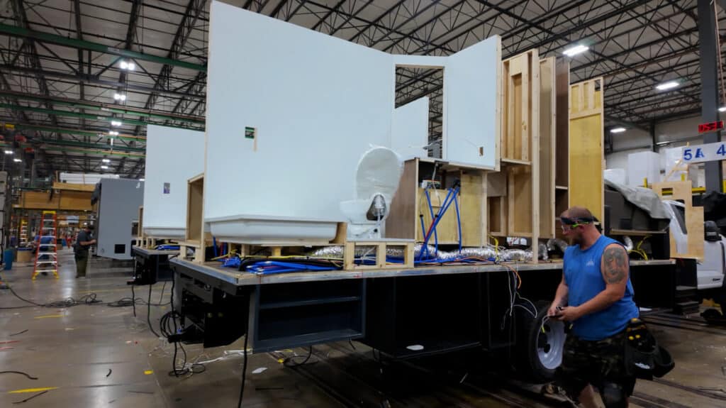 Example of RV chassis with the house structure components being built on top