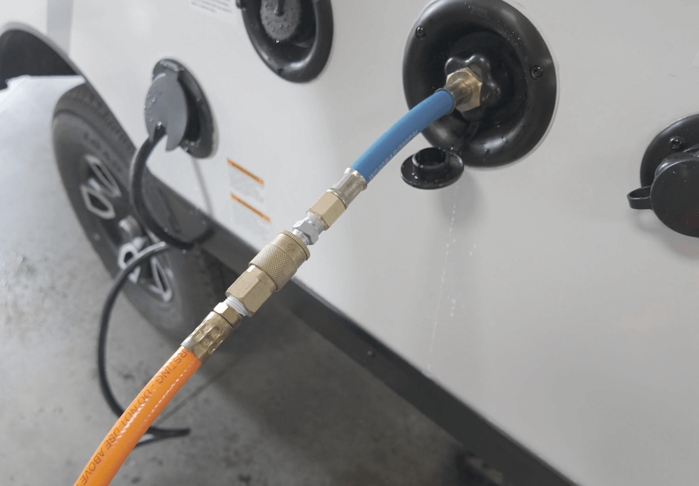 compressor hose and blow out plug connect to rv city water inlet for how to blow out rv water lines
