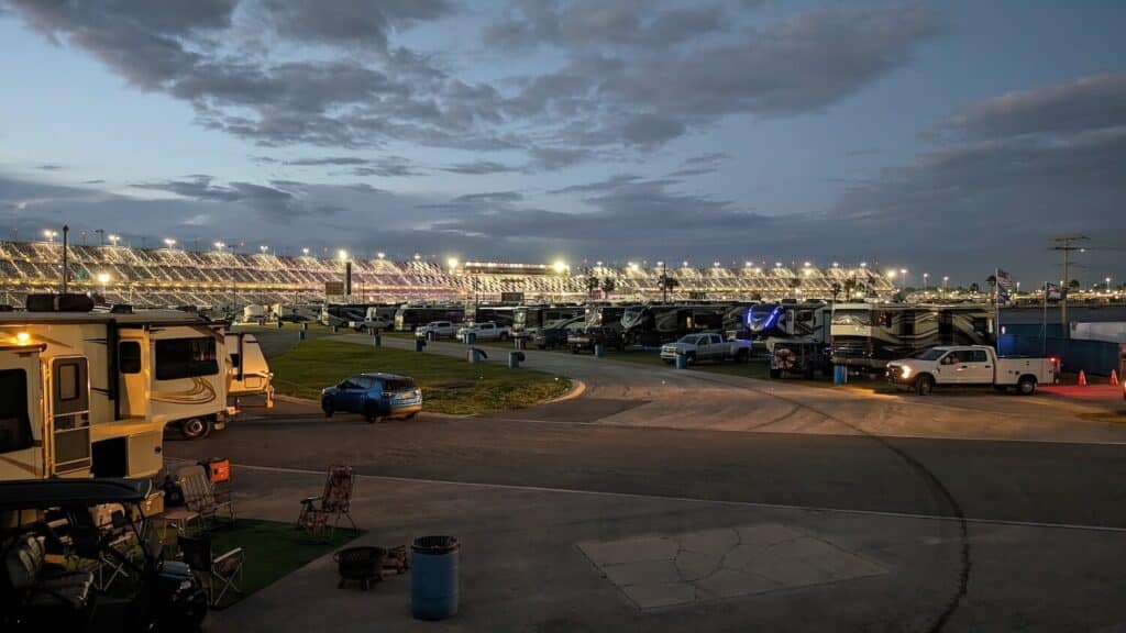 Daytona 2024 sunset with RVs camping at a NASCAR race