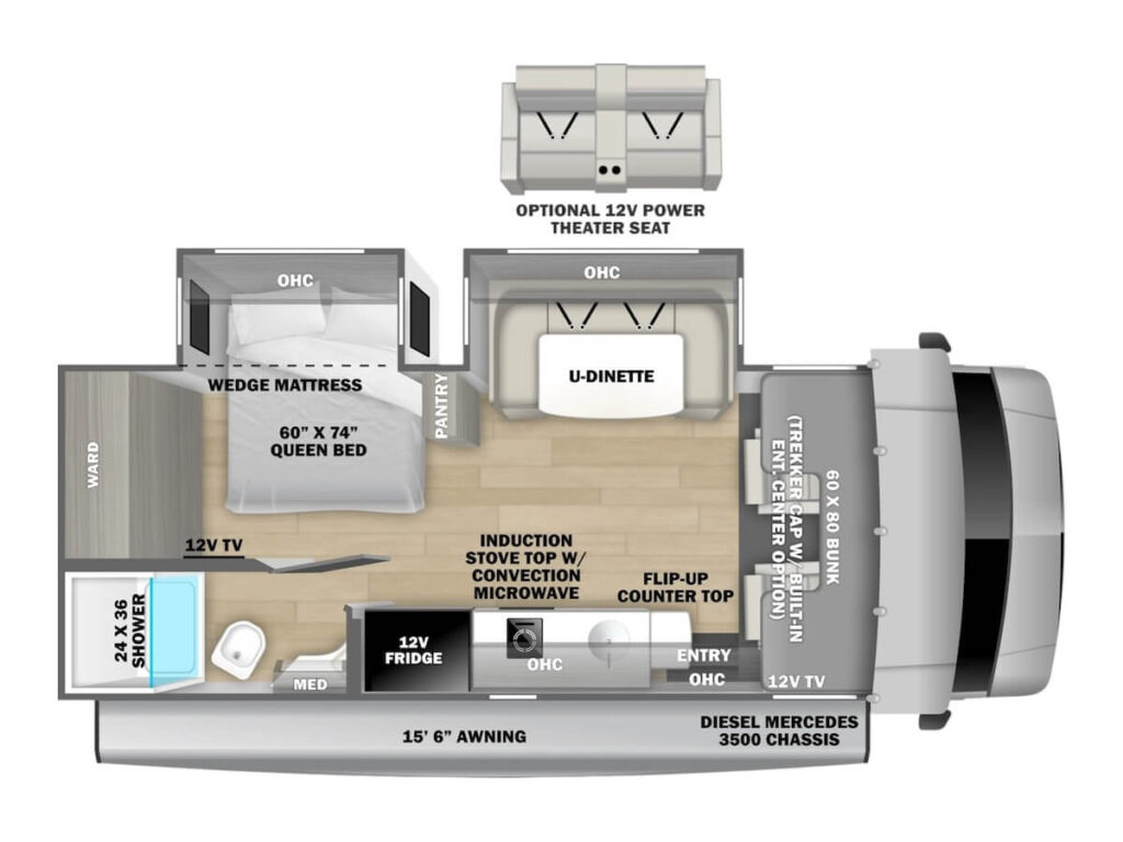 Image of the Forest River MBS 2401BDS floor plan. On the driver's side are two slides with a queen bed and a u-shaped dinette. On the camp side is a full bathroom and galley kitchen.
