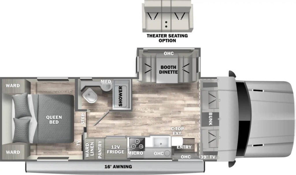 Image of the floor plan of the Dynamax Isata 5 28SS 4x4 RV. It includes a single slide with a dinette, rear bedroom with a queen bed, midship bathroom and full galley kitchen.