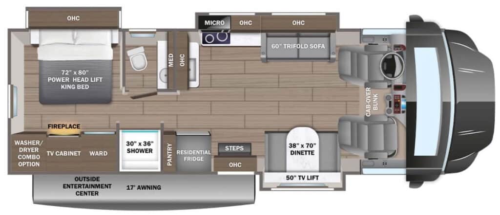 Image of Jayco Seneca XT 35L RV floor plan. The driver's side has two small slides. The rear includes a king bed, fireplace and wardrobe. There's a midship bathroom with toilet on the driver's side and shower on the campside. The living area has a full kitchen and trifold sofa and dinette.