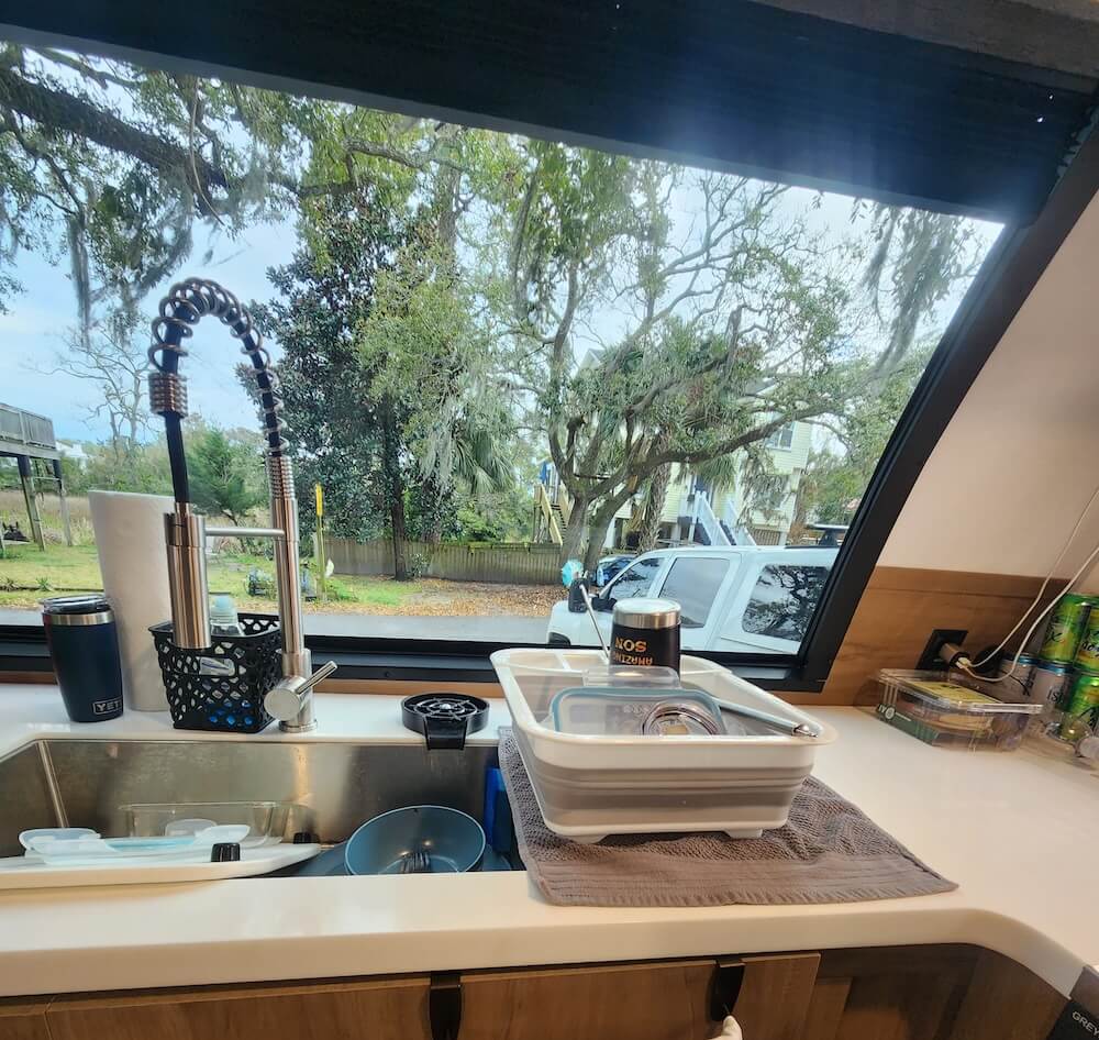 dish rack on counter of Campsite ultra trailer