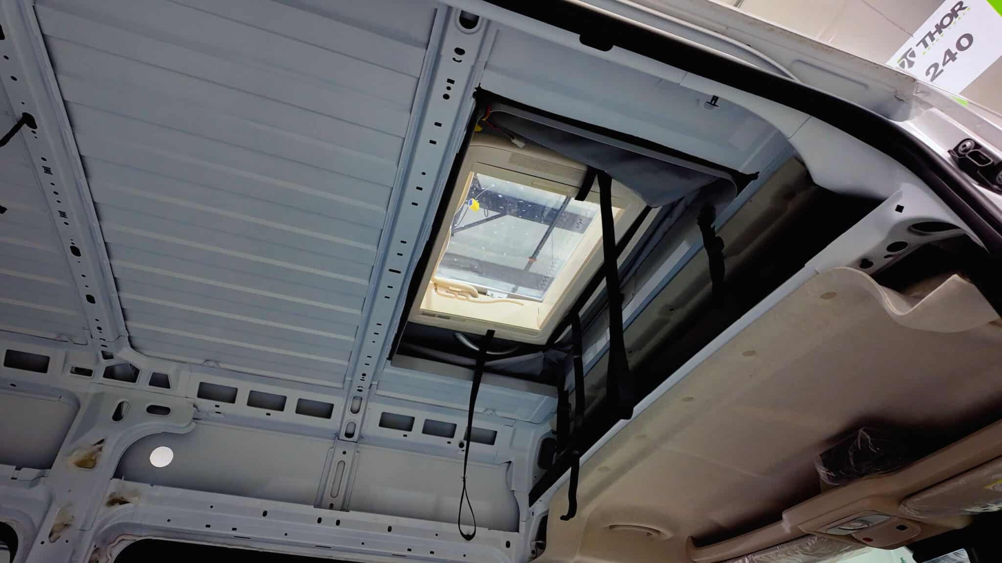 Camper van skylight during manufacturing construction